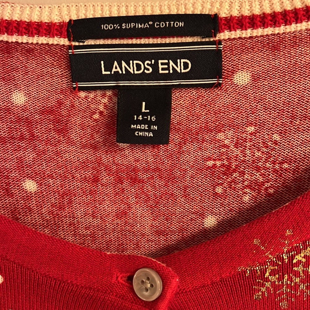 ❌ SOLD ❌Lands End ❄️ Red Cardigan w Gold Snowflakes - Picture 3 of 5
